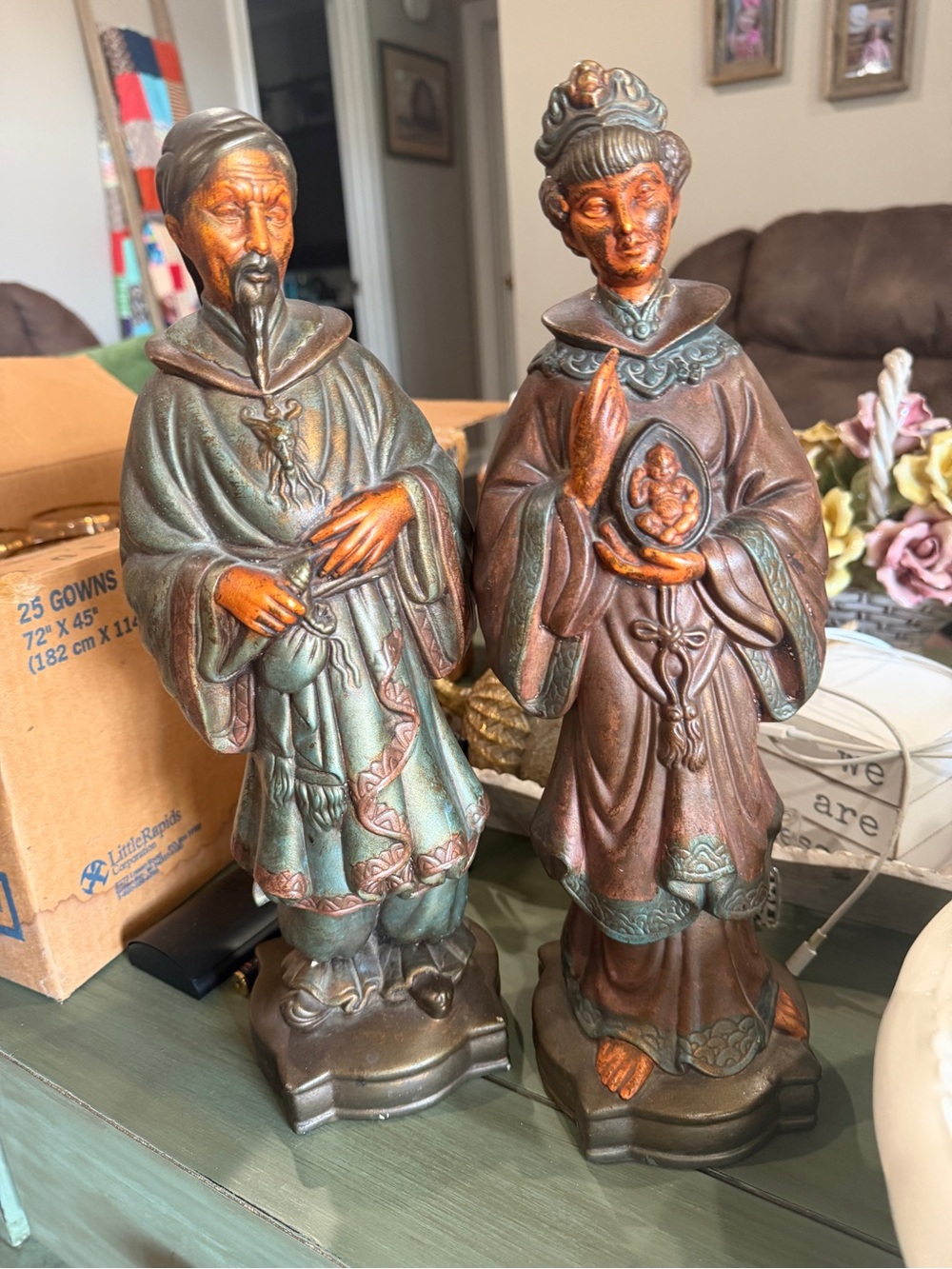 Oriental Couple Resin Figurines in Green and Brown
